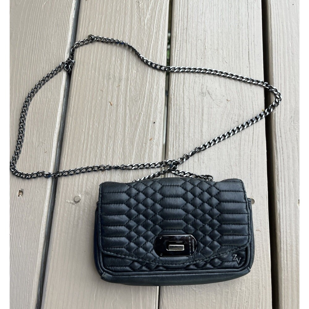 ZADIG & VOLTAIRE Women's Quilted Black Leather Crossbody Handbag Long Strap